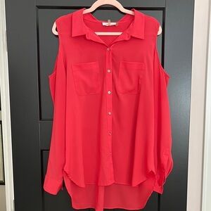 Calvin Klein Bright Red, Long Sleeve Cold Shoulder High/Low Blouse.  Size XL